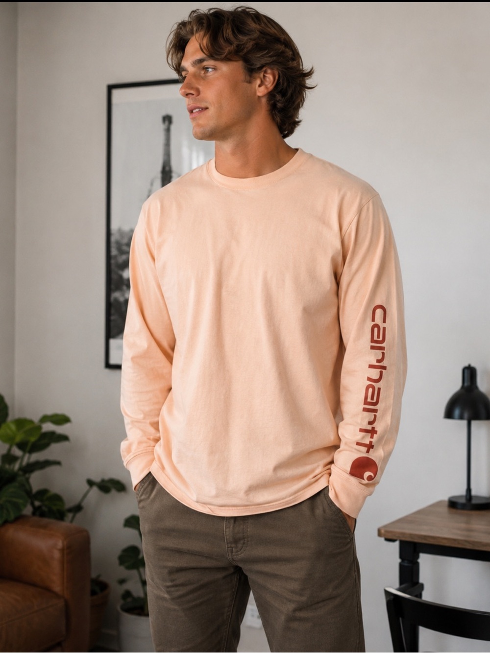 Carhartt Men’s Peach Orange Loose Fit Long Sleeve Graphic T Shirt XL